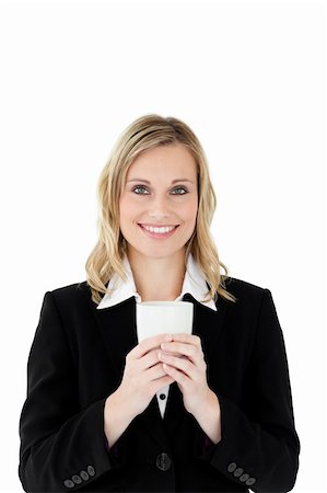 simsearch:400-04188263,k - Attractive businesswoman holding a drinking cup isolated on a white background Foto de stock - Super Valor sin royalties y Suscripción, Código: 400-04203030