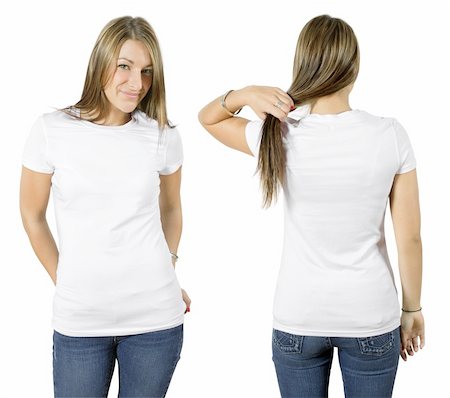 shirt front back model - Young beautiful female with blank white shirt, front and back. Ready for your design or logo. Stock Photo - Budget Royalty-Free & Subscription, Code: 400-04203247