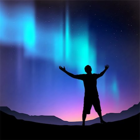 A man reaching outwards, with the northern lights above him. Vector illustration. Foto de stock - Super Valor sin royalties y Suscripción, Código: 400-04203315