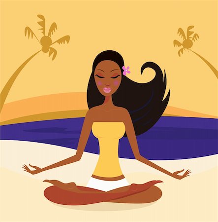 Beauty woman doing yoga lotus position on the sunny beach. Blue ocean behind the girl. Vector illustration Stock Photo - Budget Royalty-Free & Subscription, Code: 400-04203332