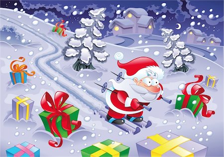 santa claus ski - Santa Claus skiing in the night. Funny cartoon and vector illustration Foto de stock - Super Valor sin royalties y Suscripción, Código: 400-04203562