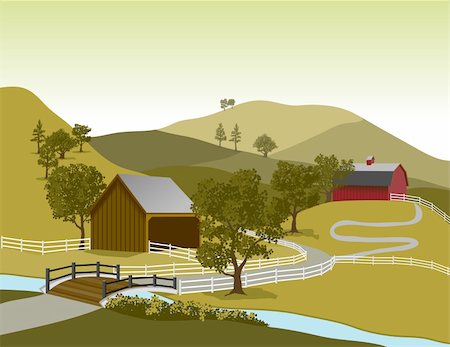 Illustration of a typical American farm scene with two barns. Foto de stock - Super Valor sin royalties y Suscripción, Código: 400-04214118