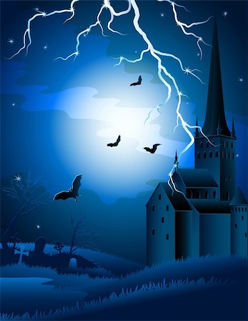 Vector illustration - halloween background with lightning and castle Stock Photo - Budget Royalty-Free & Subscription, Code: 400-04214757