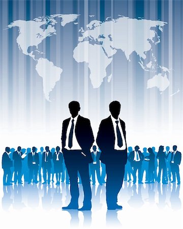 simsearch:400-04082063,k - Businesspeople are standing in front of large world map. The base map is from Central Intelligence Agency Web site. Stock Photo - Budget Royalty-Free & Subscription, Code: 400-04214908