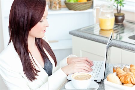 simsearch:400-05741872,k - Positive businesswoman using her laptop during breakfast at home Stockbilder - Microstock & Abonnement, Bildnummer: 400-04214935