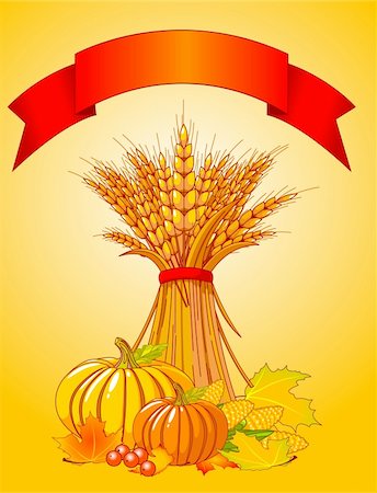 Seasonal background with plump pumpkins, wheat, corn and autumn leaves Stock Photo - Budget Royalty-Free & Subscription, Code: 400-04215221