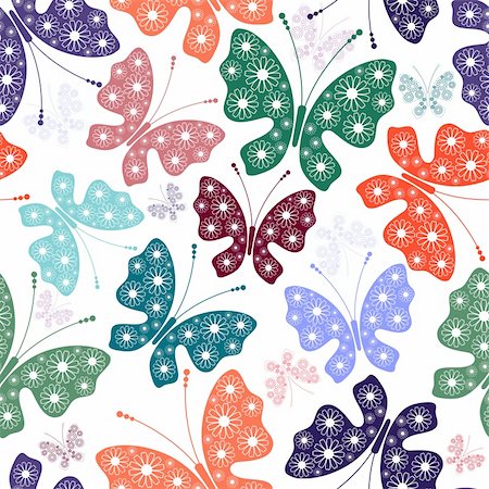 simsearch:400-05890035,k - Seamless white floral pattern with silhouettes colorful butterflies (vector) Foto de stock - Super Valor sin royalties y Suscripción, Código: 400-04216069