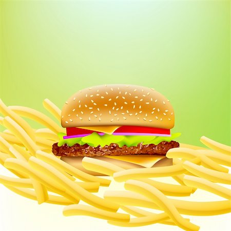 cheeseburger on a bed of fries with soft greeen background Stock Photo - Budget Royalty-Free & Subscription, Code: 400-04216105