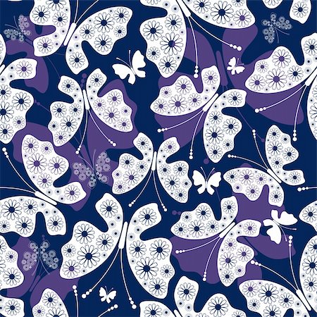 simsearch:400-05890035,k - Seamless violet-white floral pattern with silhouettes butterflies (vector) Foto de stock - Super Valor sin royalties y Suscripción, Código: 400-04216216