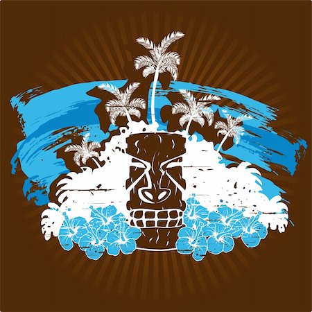 simsearch:400-04347146,k - Grunge style tropical illustration with a tiki statue. Graphics are grouped and in several layers for easy editing. The file can be scaled to any size. Fotografie stock - Microstock e Abbonamento, Codice: 400-04216537