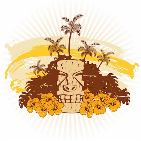 simsearch:400-04118162,k - Grunge style tropical illustration with a tiki statue. Graphics are grouped and in several layers for easy editing. The file can be scaled to any size. Stock Photo - Budget Royalty-Free & Subscription, Code: 400-04216538