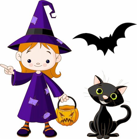 simsearch:400-04256880,k - Cute Witch Girl pointing.  Bat and black cat next to him Fotografie stock - Microstock e Abbonamento, Codice: 400-04216605