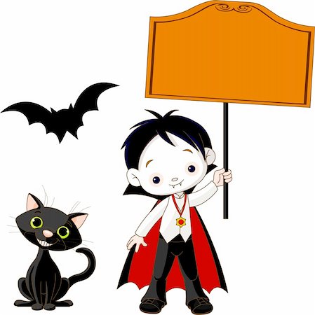 scary black cat - Cute Dracula Boy holding blank sign.  Bat and black cat next to him Stock Photo - Budget Royalty-Free & Subscription, Code: 400-04216603