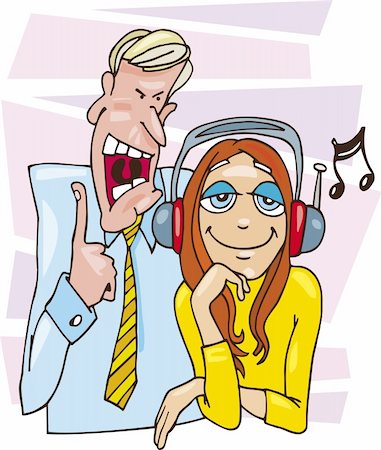 Cartoon illustration of teenage girl listening to the music and her father grumbling Stock Photo - Budget Royalty-Free & Subscription, Code: 400-04216734