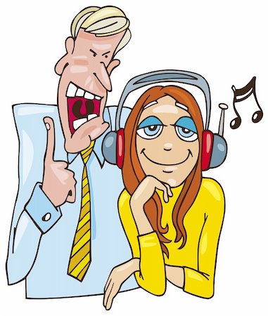 Cartoon illustration of teenage girl listening to the music and her father grumbling Stock Photo - Budget Royalty-Free & Subscription, Code: 400-04216735