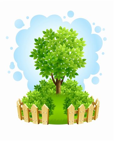 tree on green lawn with wooden fence vector illustration isolated white background Stock Photo - Budget Royalty-Free & Subscription, Code: 400-04216774