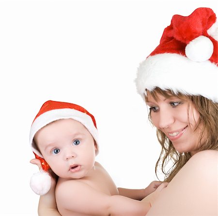 simsearch:400-09222788,k - Beautiful mommy santa and her baby Santa boy on a white Photographie de stock - Aubaine LD & Abonnement, Code: 400-04216958