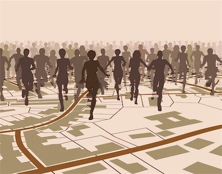 Editable vector illustration of a crowd of people running over a generic street map Stock Photo - Budget Royalty-Free & Subscription, Code: 400-04217041