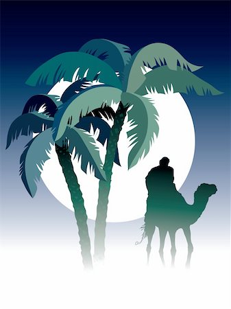 Palm trees, man riding on camel, sky and moon in the background Stock Photo - Budget Royalty-Free & Subscription, Code: 400-04217310