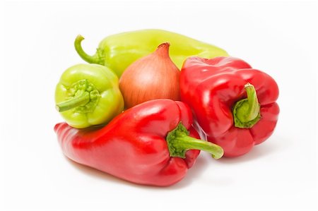 Fresh ripe red and green peppers with onion isolated on white background Stock Photo - Budget Royalty-Free & Subscription, Code: 400-04217378