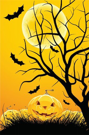 Halloween night background with tree moon pumpkin bat and grass Stock Photo - Budget Royalty-Free & Subscription, Code: 400-04218103