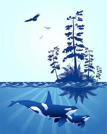 simsearch:400-04277227,k - abstract Pacific Northwest ocean scene, with with windswept trees, eagles and killer whales Stock Photo - Budget Royalty-Free & Subscription, Code: 400-04218118