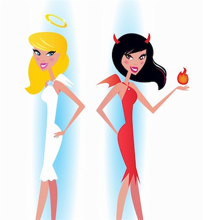 Good and evil. Desire and Innocence. Angel and Devil. Vector Illustration of two beautiful girls in retro style. Stock Photo - Budget Royalty-Free & Subscription, Code: 400-04218539