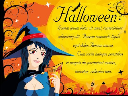 simsearch:400-05690180,k - Halloween card with young witch in orange design Foto de stock - Super Valor sin royalties y Suscripción, Código: 400-04218689