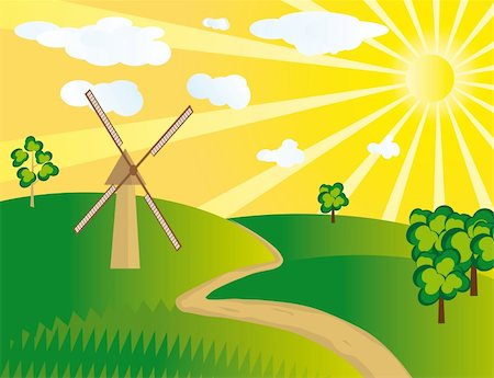 sun over farm field - The windmill in the field. Vector illustration. Vector art in Adobe illustrator EPS format, compressed in a zip file. The different graphics are all on separate layers so they can easily be moved or edited individually. The document can be scaled to any size without loss of quality. Photographie de stock - Aubaine LD & Abonnement, Code: 400-04218964
