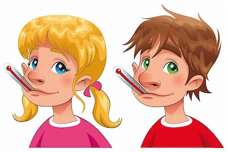 Boy and girl with thermometer. Cartoon and vector characters, isolated objects Stock Photo - Budget Royalty-Free & Subscription, Code: 400-04219288