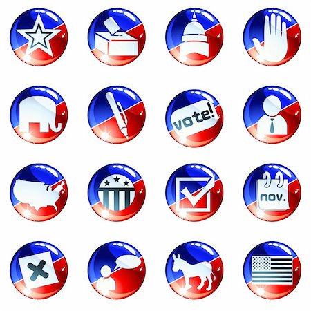 présidentiel - Set of glossy round buttons about politics. Graphics are grouped and in several layers for easy editing. The file can be scaled to any size. Photographie de stock - Aubaine LD & Abonnement, Code: 400-04219811