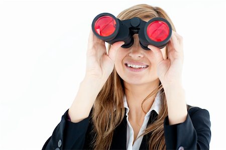 simsearch:400-05242665,k - Animated businesswoman looking through binoculars against white background Foto de stock - Super Valor sin royalties y Suscripción, Código: 400-04210170