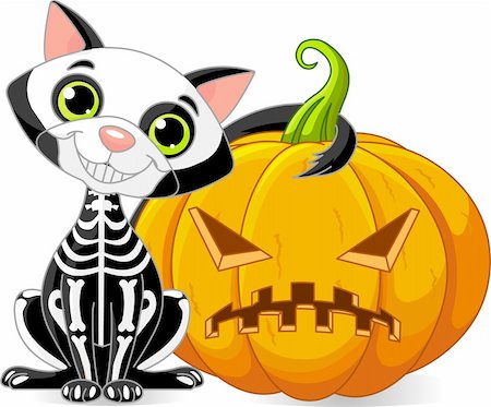 scary black cat - Black cat with skeleton costumes sitting near the pumpkin Stock Photo - Budget Royalty-Free & Subscription, Code: 400-04210475
