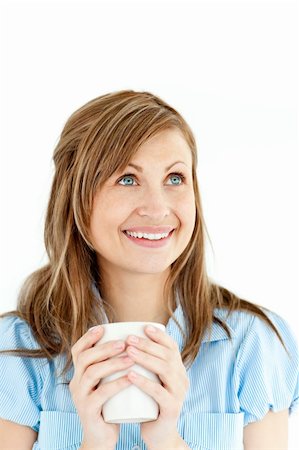 simsearch:400-05242665,k - Cheerful young businesswoman holding a cup of coffee against white background Foto de stock - Super Valor sin royalties y Suscripción, Código: 400-04210511