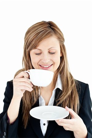 simsearch:400-04188263,k - Merry businesswoman drinking a coffee against white background Foto de stock - Super Valor sin royalties y Suscripción, Código: 400-04210526