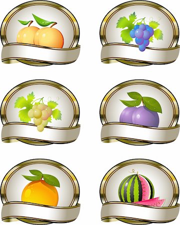 The collection of labels for fruit products: peaches, grapes, plums, watermelon, orange. EPS 8, AI, JPEG Stock Photo - Budget Royalty-Free & Subscription, Code: 400-04210714