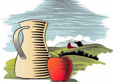 Woodcut style illustration of an apple and a pitcher with a farm background behind. Foto de stock - Super Valor sin royalties y Suscripción, Código: 400-04211046