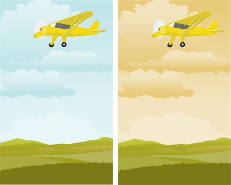 A pair of illustrations of an airplane flying over a rural landscape. Foto de stock - Super Valor sin royalties y Suscripción, Código: 400-04211042