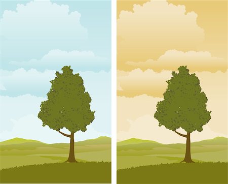 A pair of illustrations of a Spring landscape with a tree in the foreground. Foto de stock - Super Valor sin royalties y Suscripción, Código: 400-04211043