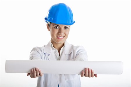 Portrait of a young happy female architect holding a project, isolated on white background Stock Photo - Budget Royalty-Free & Subscription, Code: 400-04211414