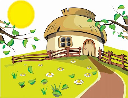 Small house under with sun, flowers, leaf and fence on the white background. Ready to use. Stock Photo - Budget Royalty-Free & Subscription, Code: 400-04212207