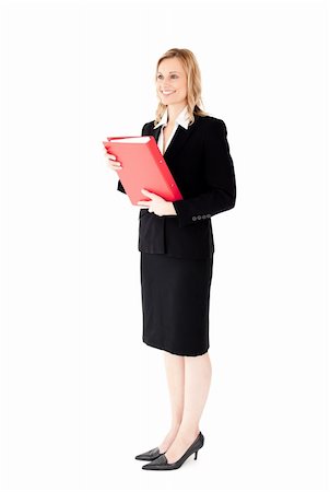 Smiling businesswoman holding a red folder against white background Stock Photo - Budget Royalty-Free & Subscription, Code: 400-04212272