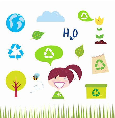 school girl environment - Icon set of green and blue nature and ecology icons. Recycle symbol, tree, leaf, tulip, eco bag, recycle box, small ecology Girl and more. Stock Photo - Budget Royalty-Free & Subscription, Code: 400-04212441