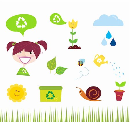 Icon set of green and blue agriculture and garden icons. Smiling garden girl, sunflower, recycle box, bee, spring flower, snail and more. Stock Photo - Budget Royalty-Free & Subscription, Code: 400-04212442