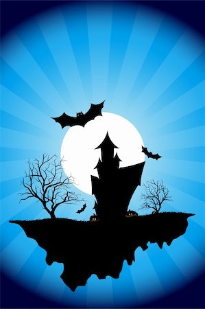 Halloween night background with tree house moon bat and rays Stock Photo - Budget Royalty-Free & Subscription, Code: 400-04212495