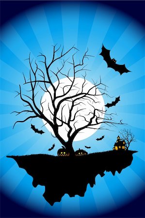 Halloween night background with tree house moon bat and rays Stock Photo - Budget Royalty-Free & Subscription, Code: 400-04212496