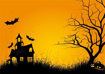 Halloween night background with tree pumpkin bat and house Stock Photo - Budget Royalty-Free & Subscription, Code: 400-04212492