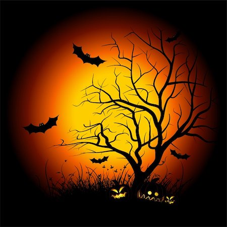 Halloween night background with tree pumpkin bat and grass Stock Photo - Budget Royalty-Free & Subscription, Code: 400-04212493
