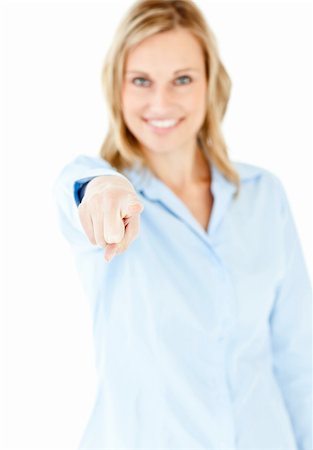 simsearch:400-05242665,k - Bright young businesswoman showing with a finger at the camera against a white background Foto de stock - Super Valor sin royalties y Suscripción, Código: 400-04212918