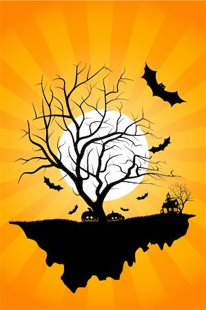 Halloween night background with tree house moon bat and rays Stock Photo - Budget Royalty-Free & Subscription, Code: 400-04213201